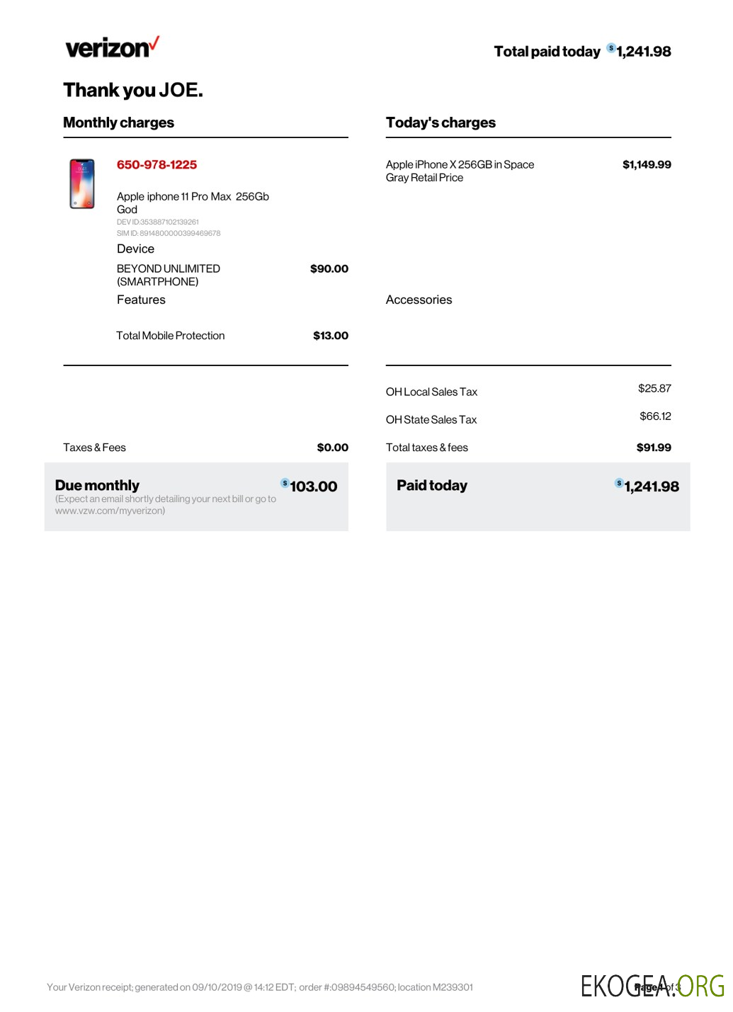 Reçu de paiement de la société Verizon